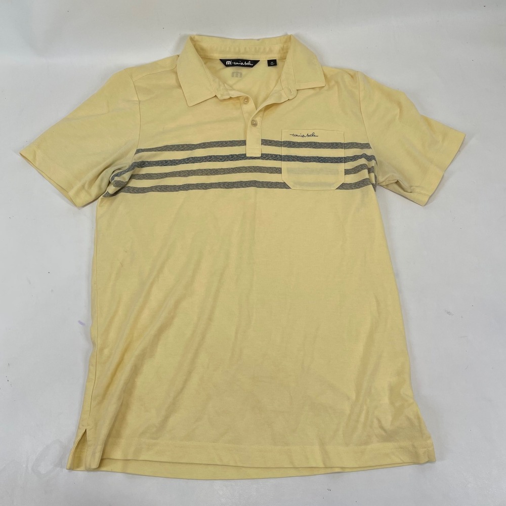 TravisMathew Mens Yellow Striped Pima Cotton Blend Polo Shirt Size M Pocket